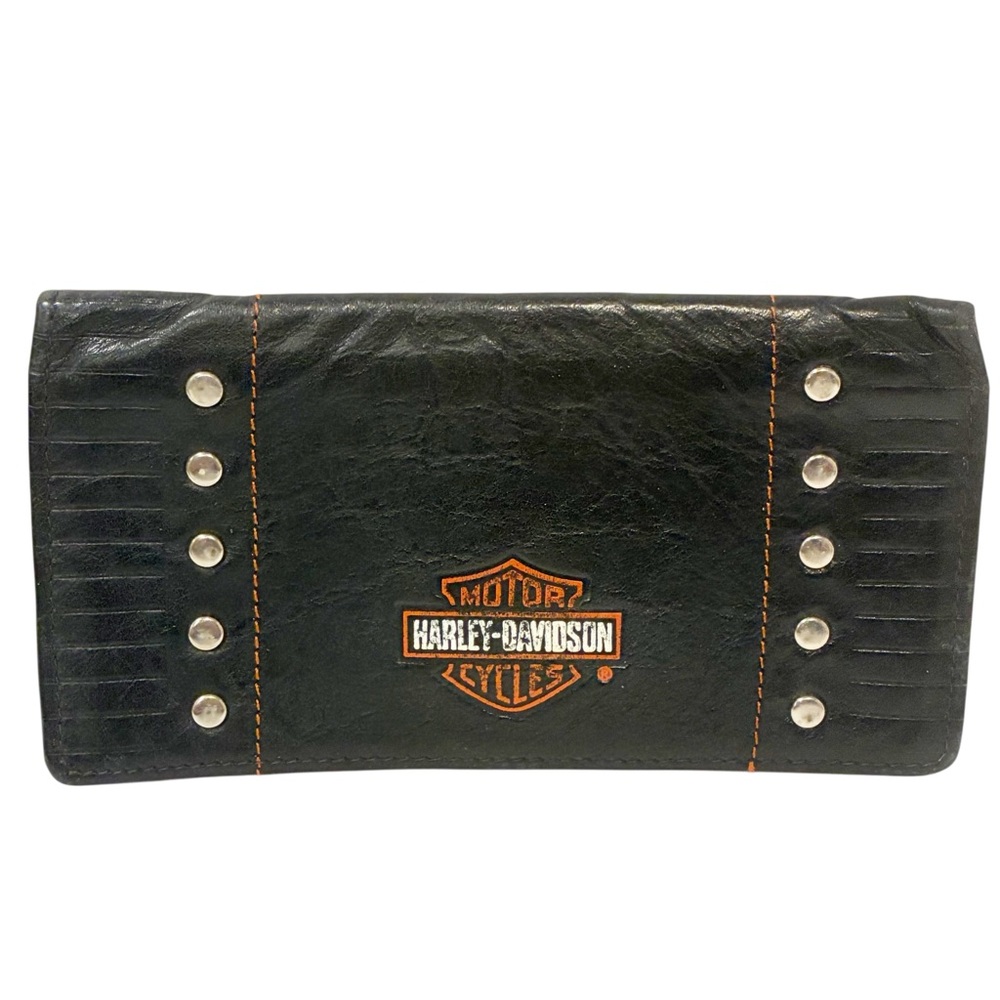 Vintage Harley Davidson Motorcycle Leather Long Black Checkbook‎ Wallet